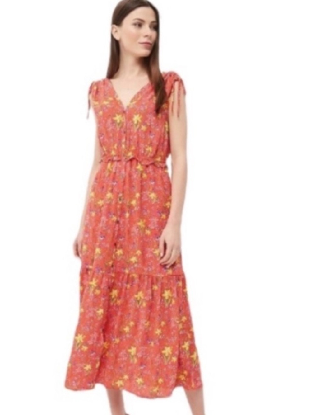 GAP Coral Floral Midi Dress with Yellow Accents